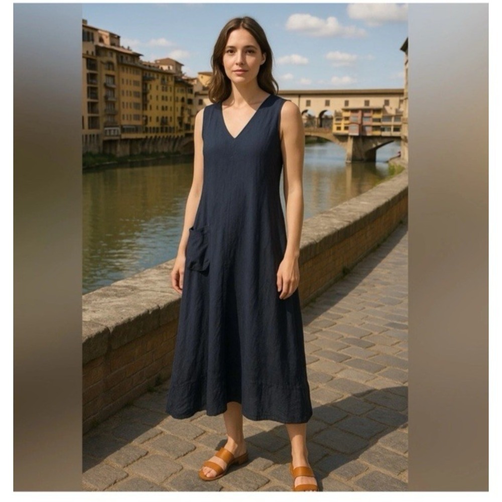 Inizio Sz S linen dress from Italy dark denim blue Perfect4 Vacation & Luncheons
